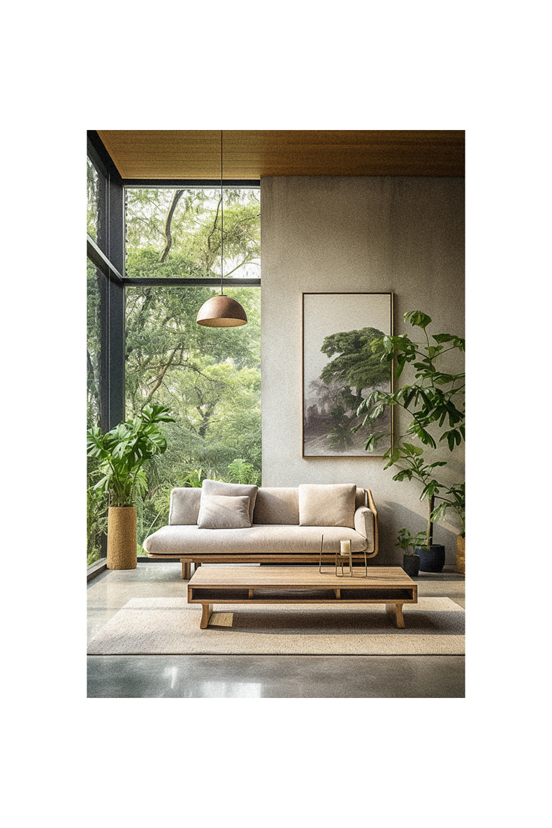 A modern living room with large windows, plants and an organic couch.
