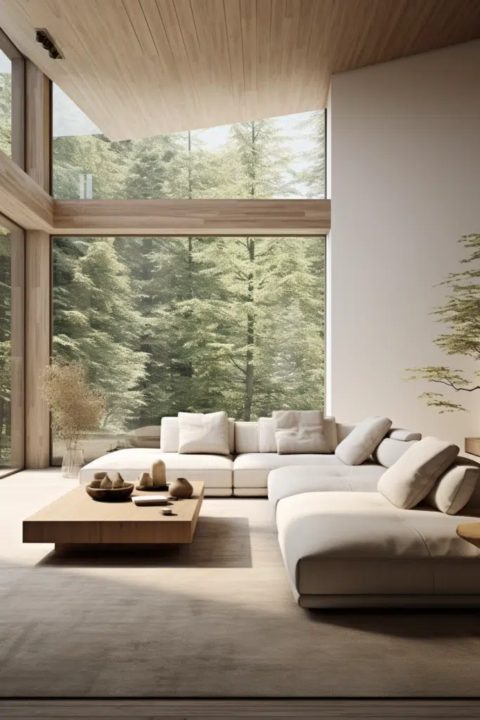 An organic modern living room with a view of the woods.