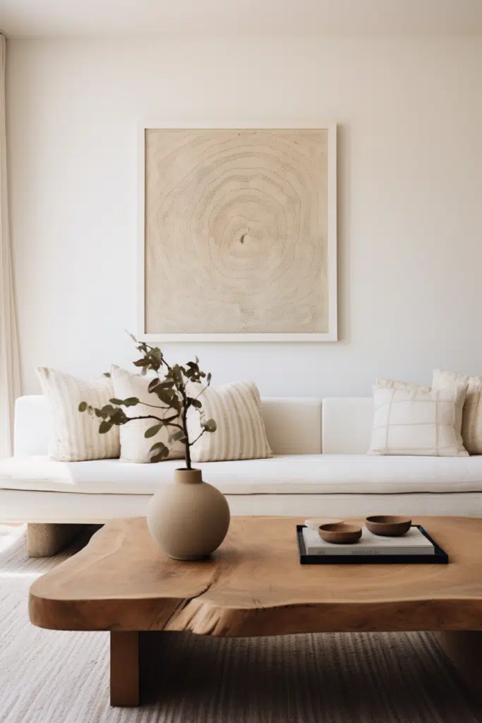 A white living room with a wooden coffee table showcasing organic modern decor.
