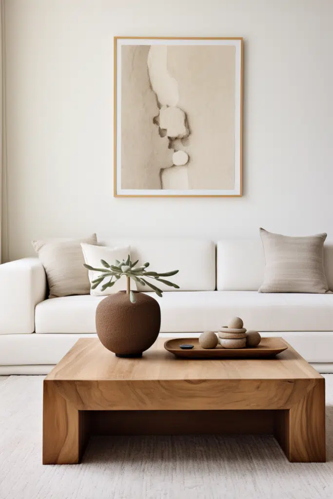 A white couch in an organic modern living room decor.