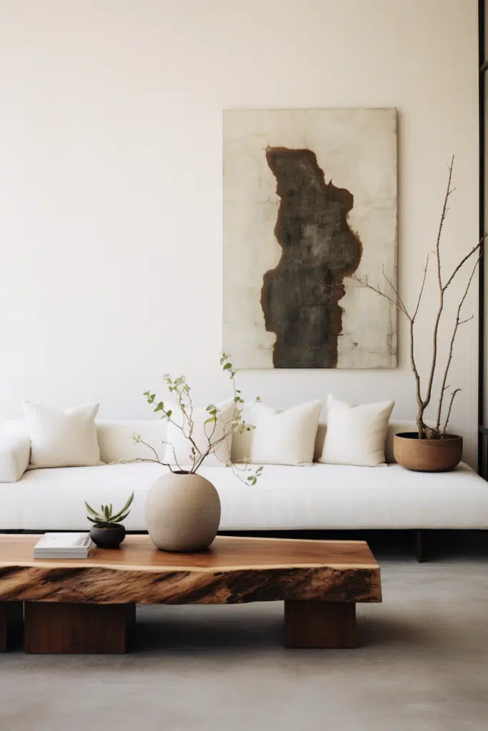 An organic modern living room with a white couch and a wooden table.
