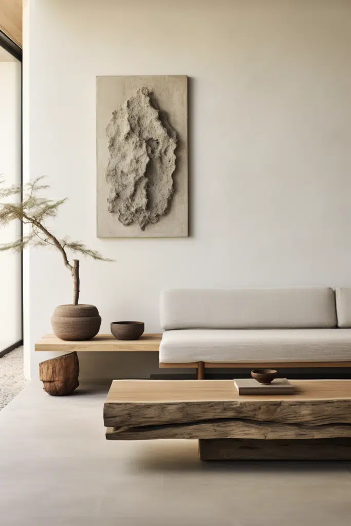 An organic living room with a wooden table and a large painting.