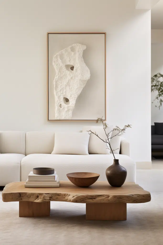 An organic modern living room with a white couch and a wooden coffee table.