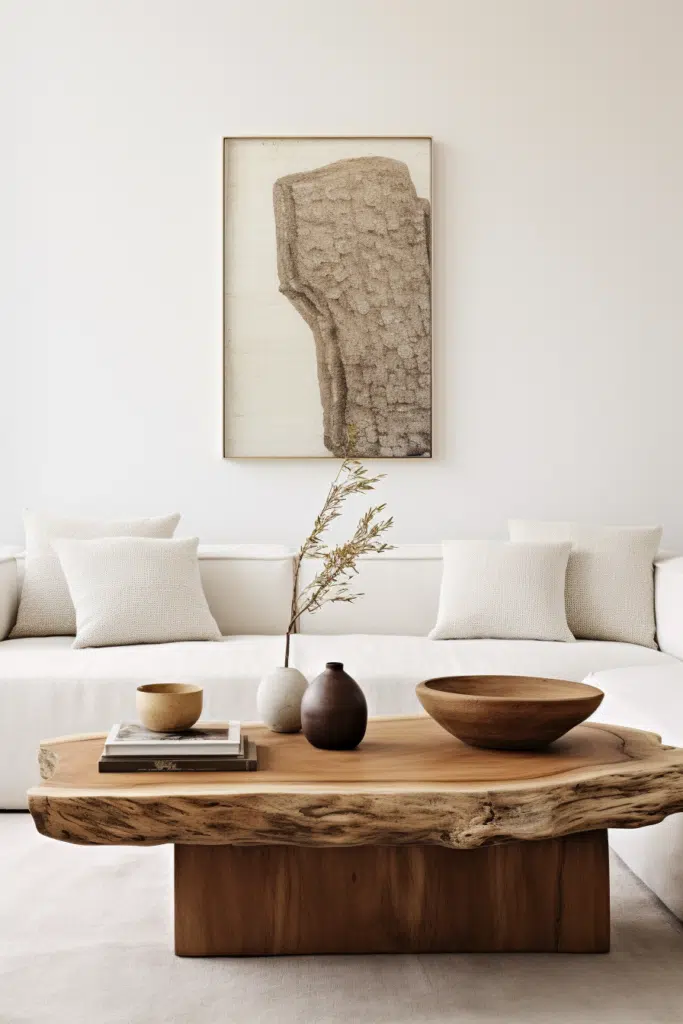 An organic wooden coffee table adds a touch of modern decor to the living room.
