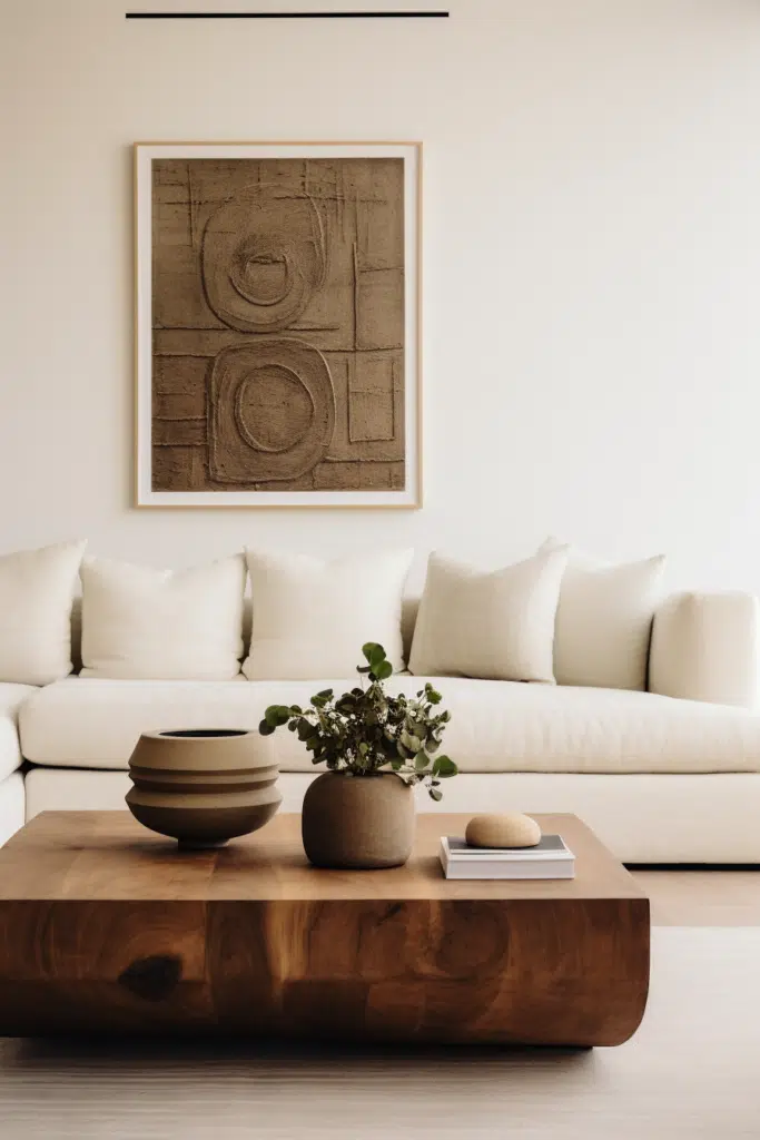 An organic modern living room featuring a white color scheme and a wooden coffee table.