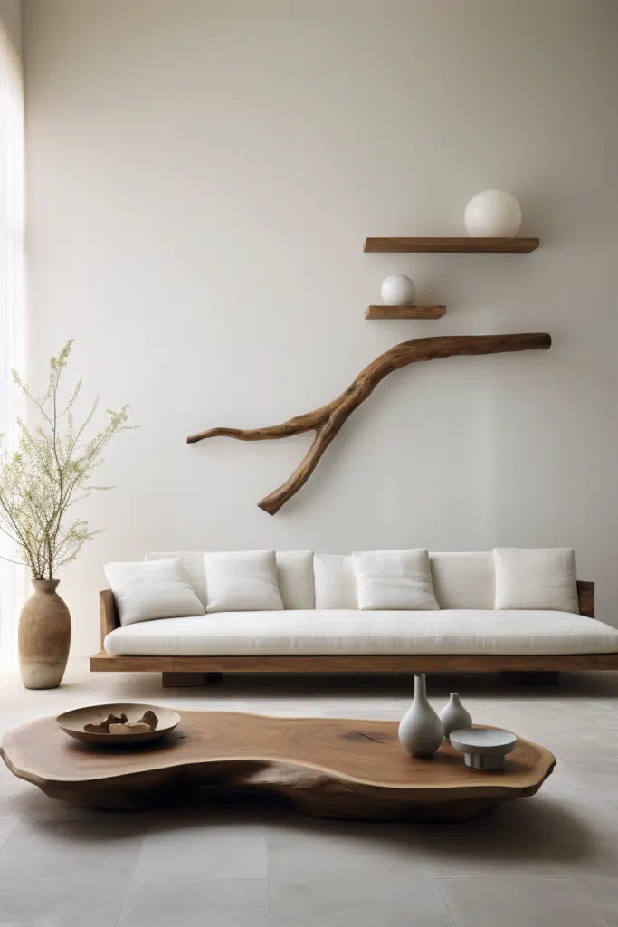 A living room with an organic modern decor, featuring a white couch and a wooden table.