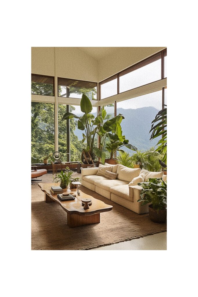 A living room with large windows and plants showcasing organic modern interior design.