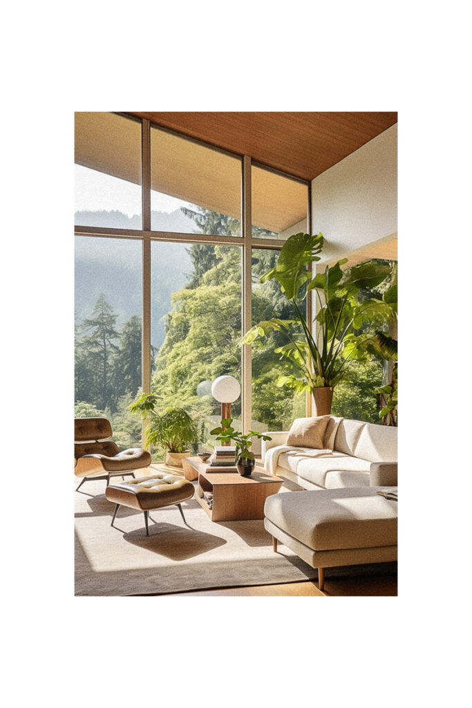 A living room with large windows showcasing an organic modern design and mountain view.