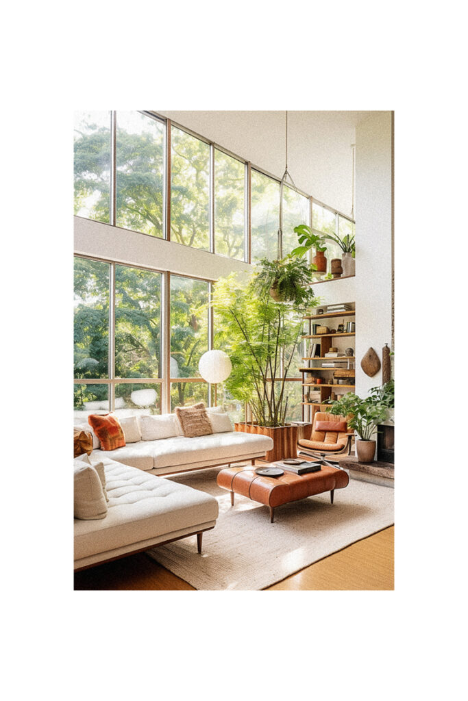 A white living room with large windows featuring an organic modern interior design.