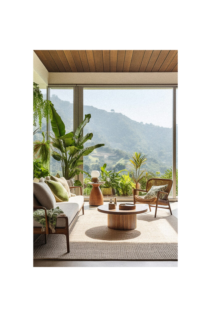 A modern living room with a view of the mountains.