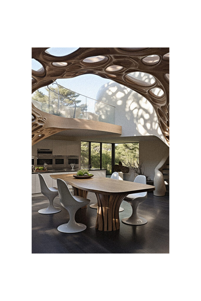 An organic modern dining room with a circular table and chairs.