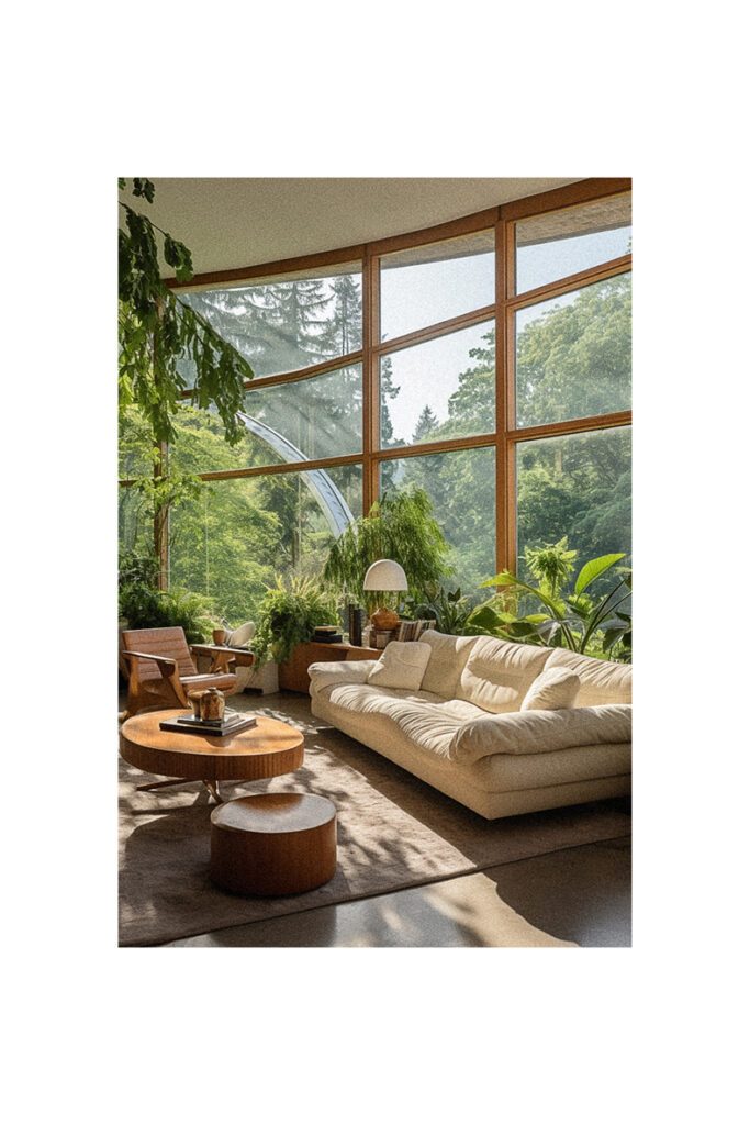 Organic modern living room with a large window.