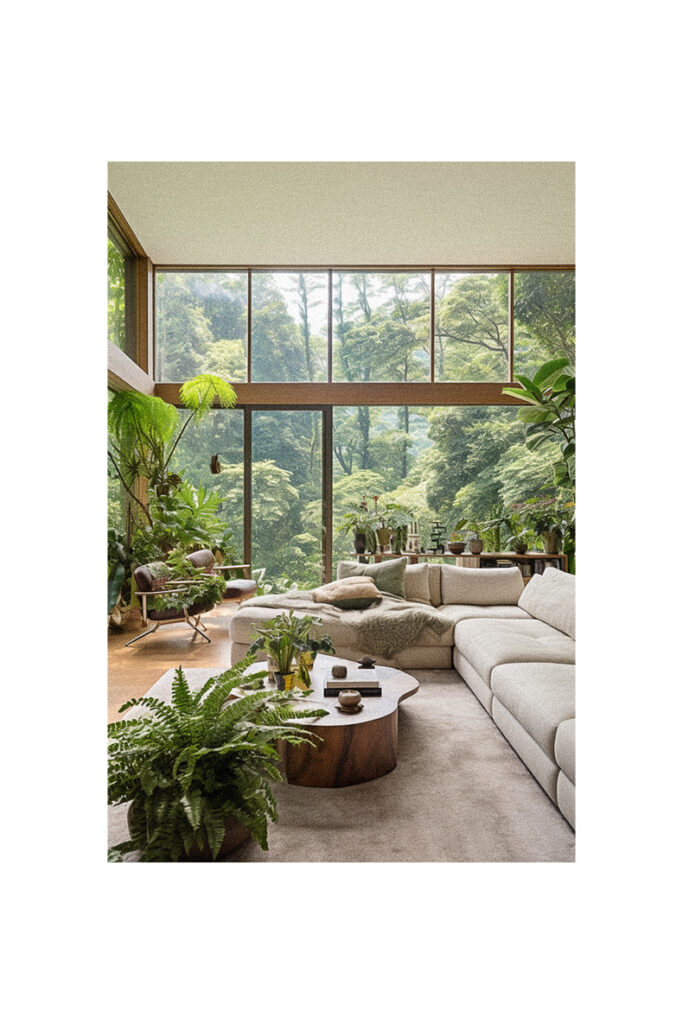 An organic living room with large windows and a lot of plants.