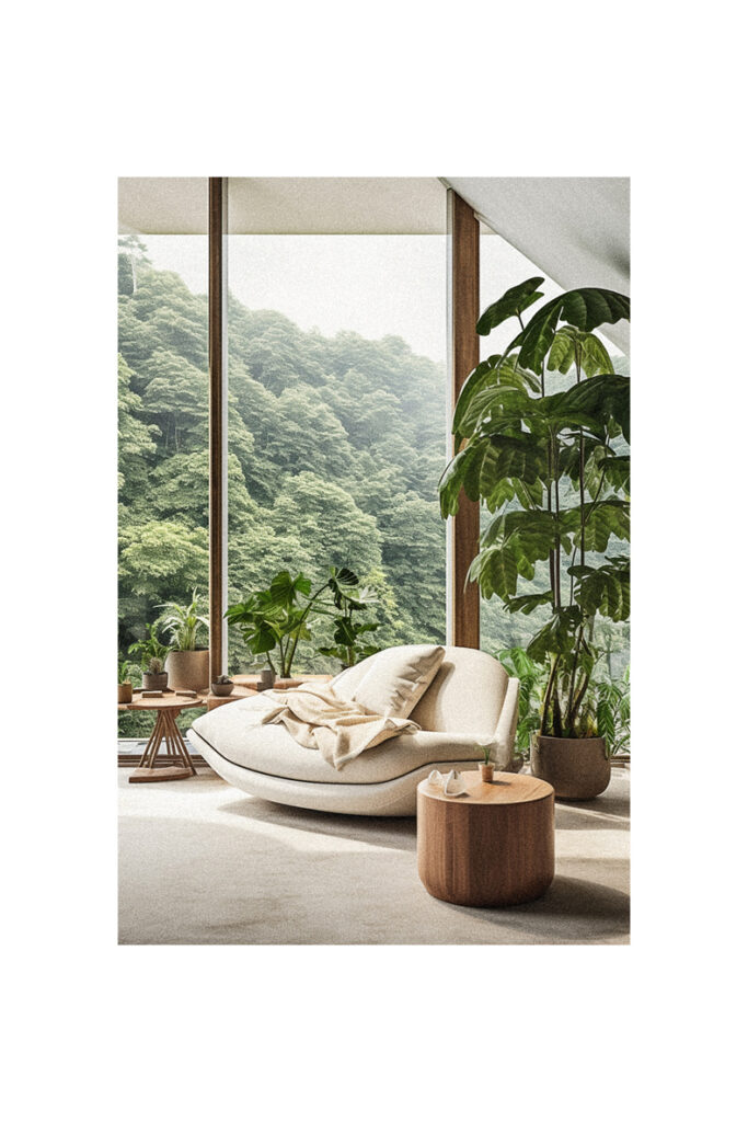 A living room with a large window overlooking a forest, featuring an organic modern interior design.