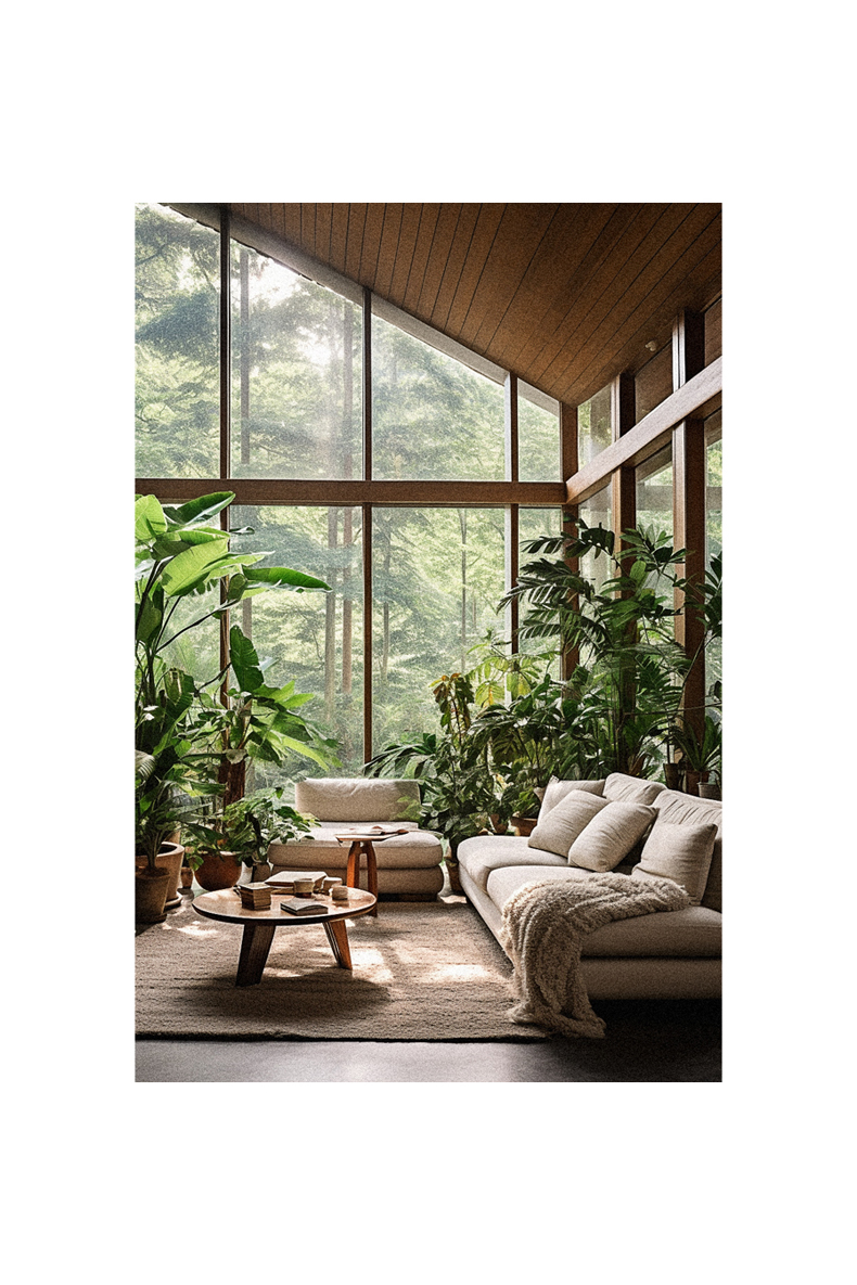 A living room with large windows and an abundance of plants, showcasing an organic modern interior design.