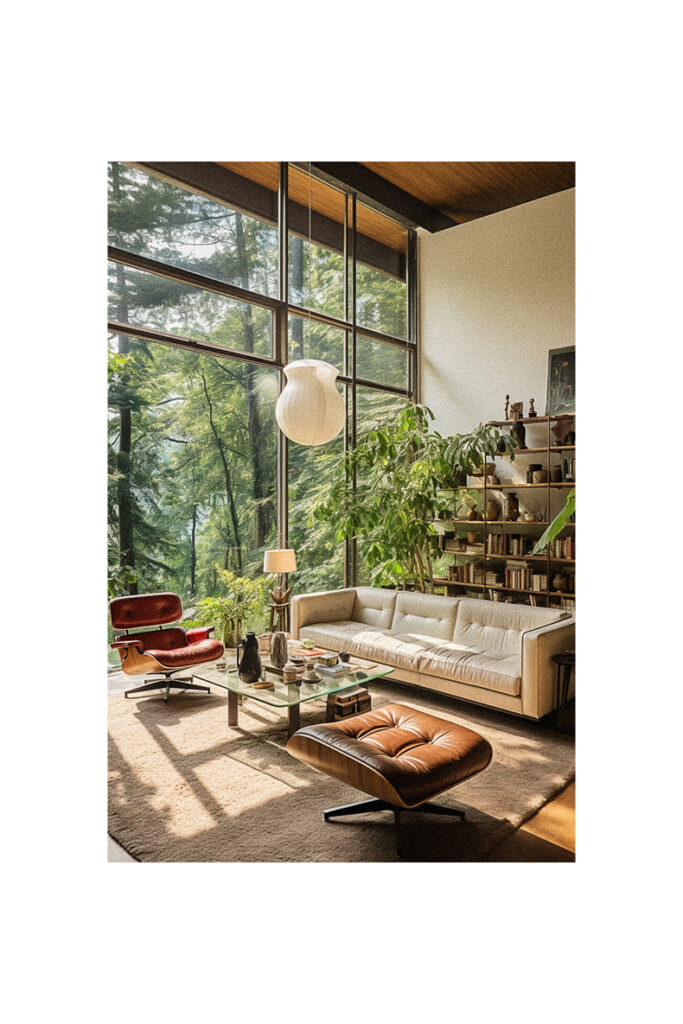 A living room with large windows and an organic modern couch.