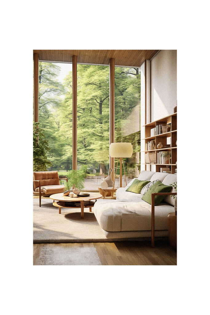 A living room with a view of a tree featuring organic modern interior design.