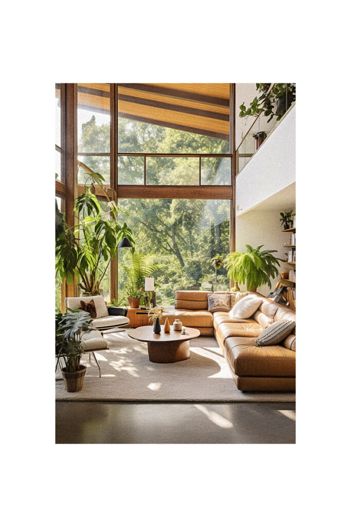 An organic living room with large windows and lots of plants.