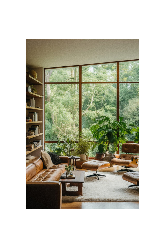 An organic modern living room with large windows and brown leather furniture.