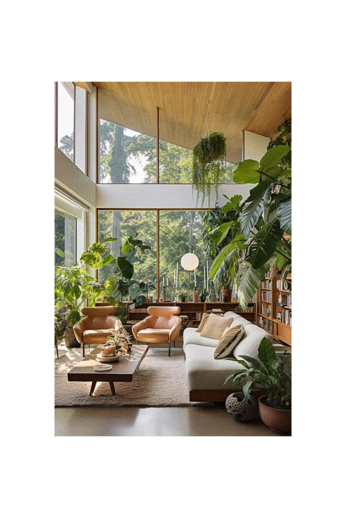 An organic living room with a lot of plants in a modern interior design.