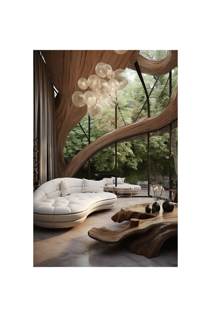 A living room with an organic modern interior design in a tree house.