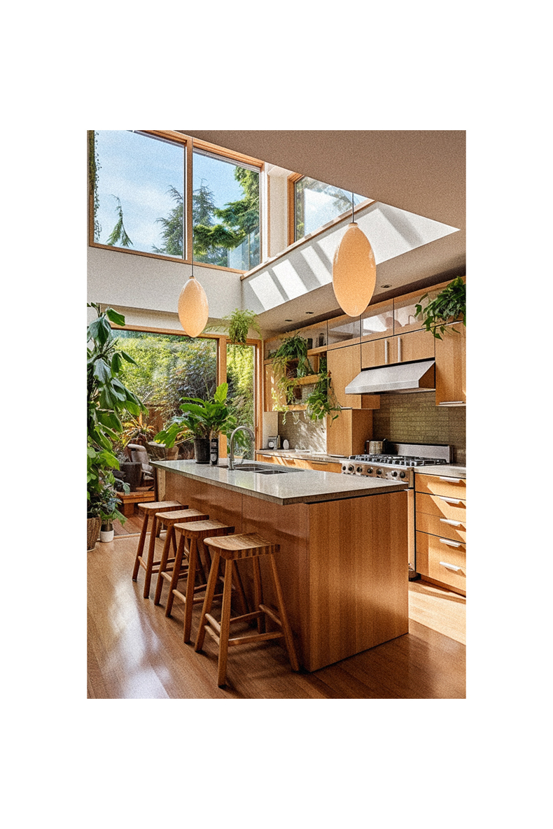 An Organic Modern kitchen with a large island and stools.