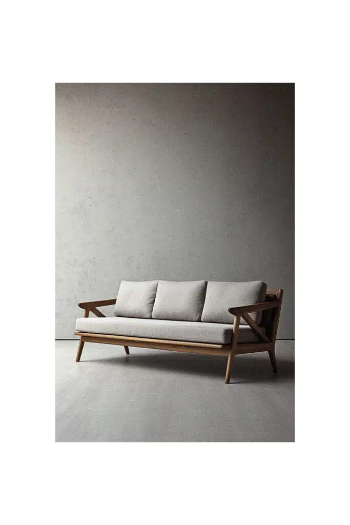 An image of a simple wooden sofa against a grey wall.