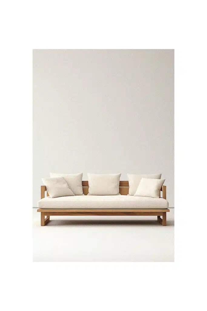 An image of a simple wooden couch against a white wall.