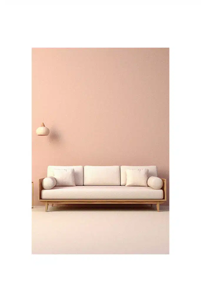 A simple white couch in front of a pink wall.