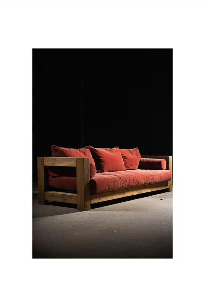 A simple wooden couch in a dark room.