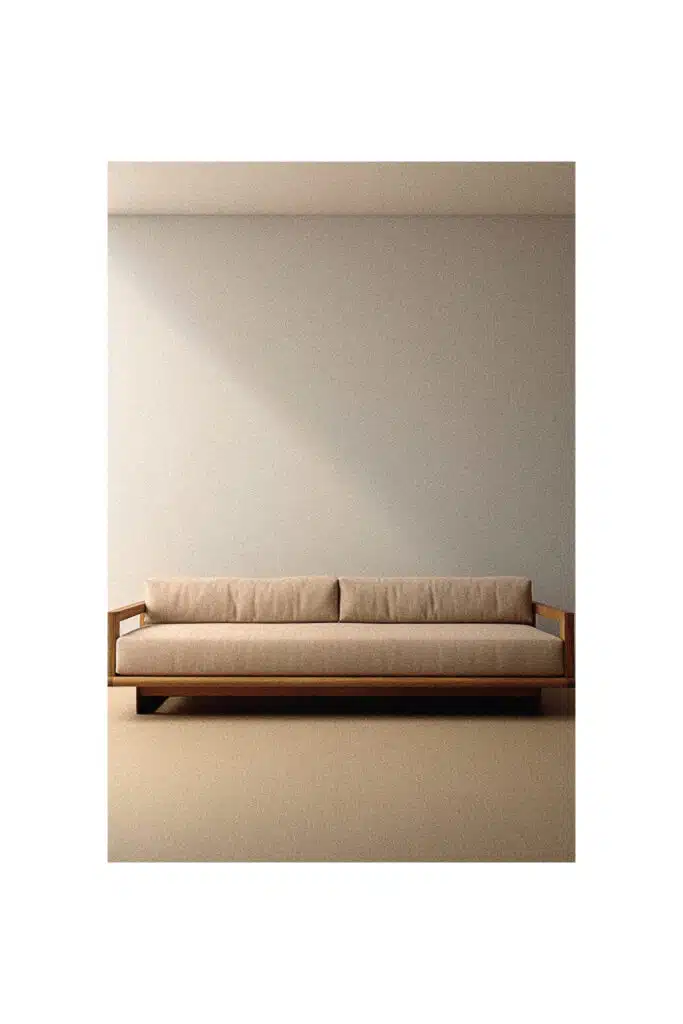 A simple sofa in a room with a beige wall.