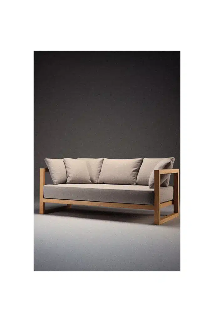 3D model of a simple wooden sofa on a grey background.
