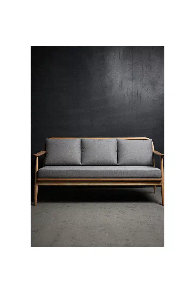 A simple grey couch against a black wall.