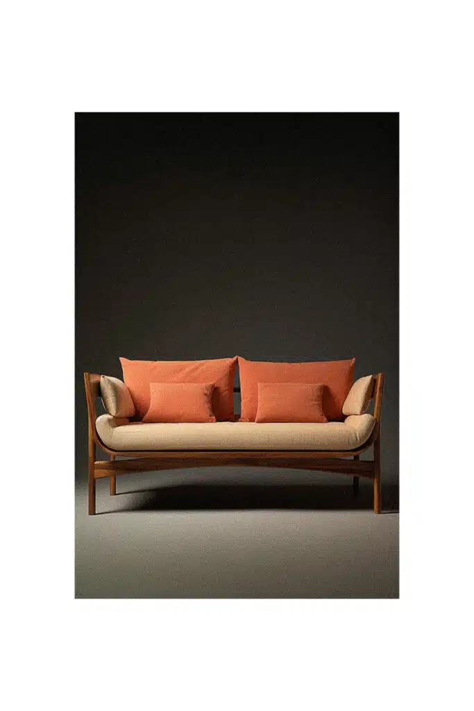 A simple sofa with orange cushions.