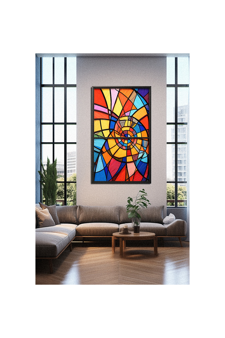 A modern living room with a vibrant stained glass window.