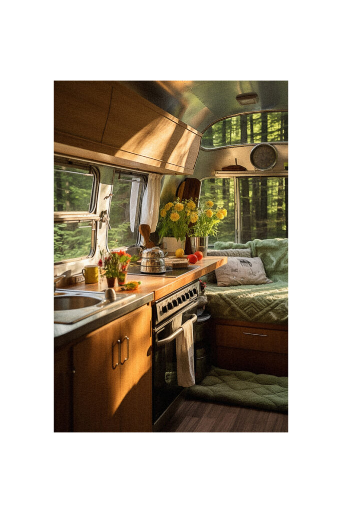Vintage airstream rv with a view of the woods, featuring a remodeled kitchen.