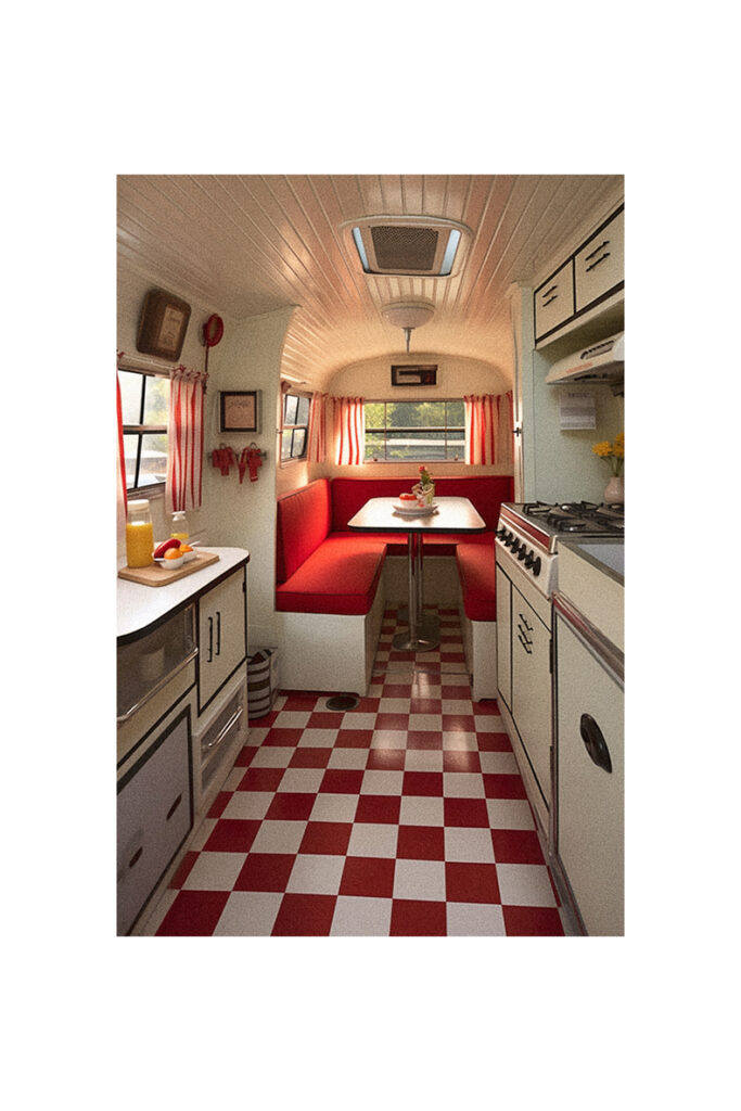A vintage rv kitchen with red and white checkered floor.