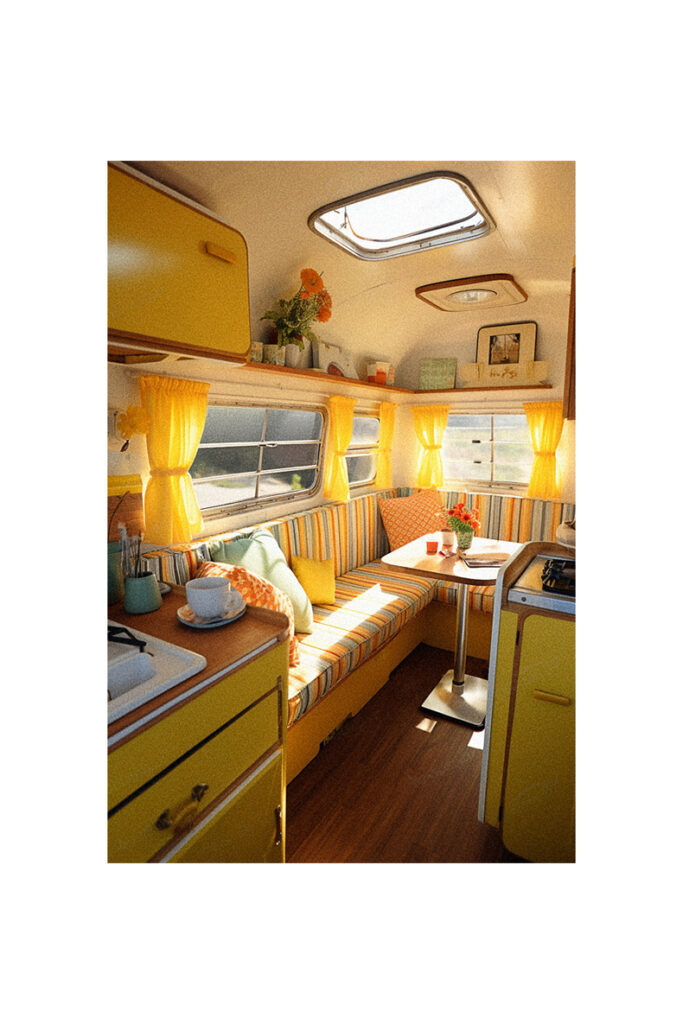 A remodeled vintage trailer with yellow exterior and striped curtains.
