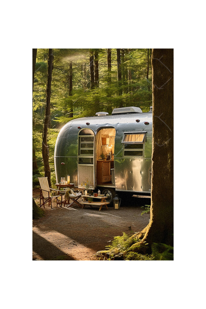 A vintage airstream trailer remodel in the woods.