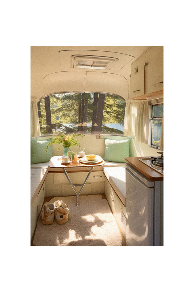 The interior of a vintage camper van with a table and chairs.
