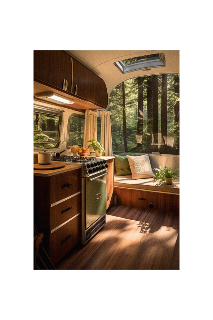 Vintage Airstream kitchen remodel with stove and oven.