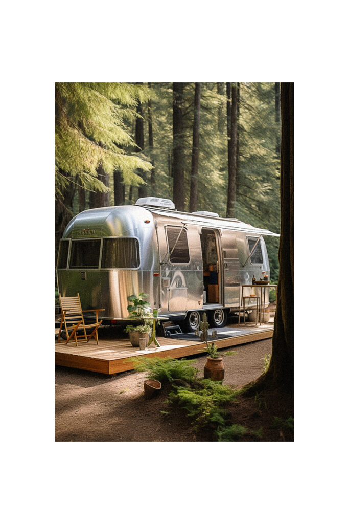 A vintage silver airstream parked in a wooded area, undergoing a remodel.
