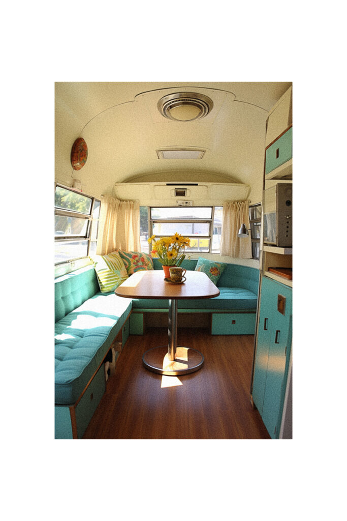 A Vintage Trailer Remodel featuring a table and chairs.