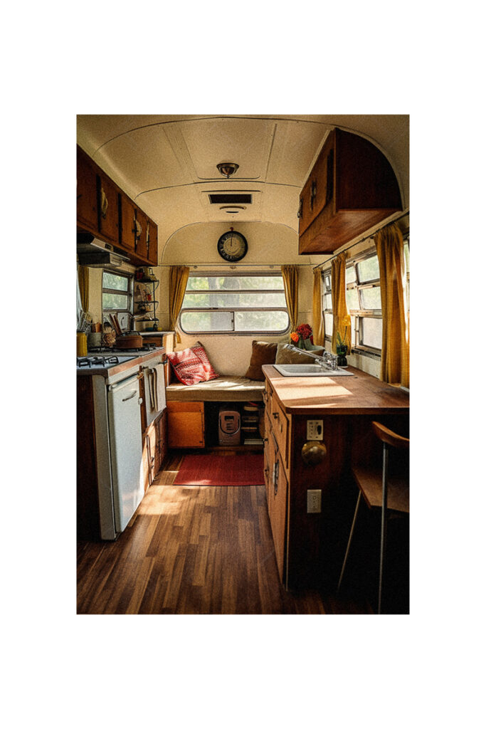 A vintage trailer remodel with a kitchen in a bus featuring wood floors.