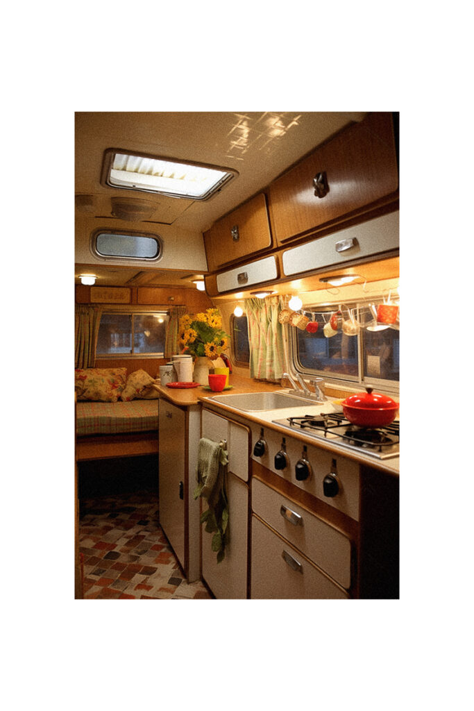 A vintage trailer remodel featuring a kitchen with a stove and oven.