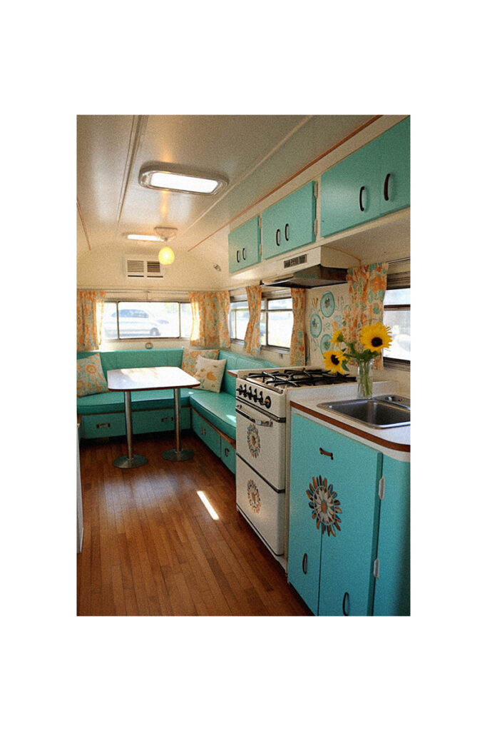 A vintage trailer remodel featuring a kitchen with turquoise cabinets and wood floors.