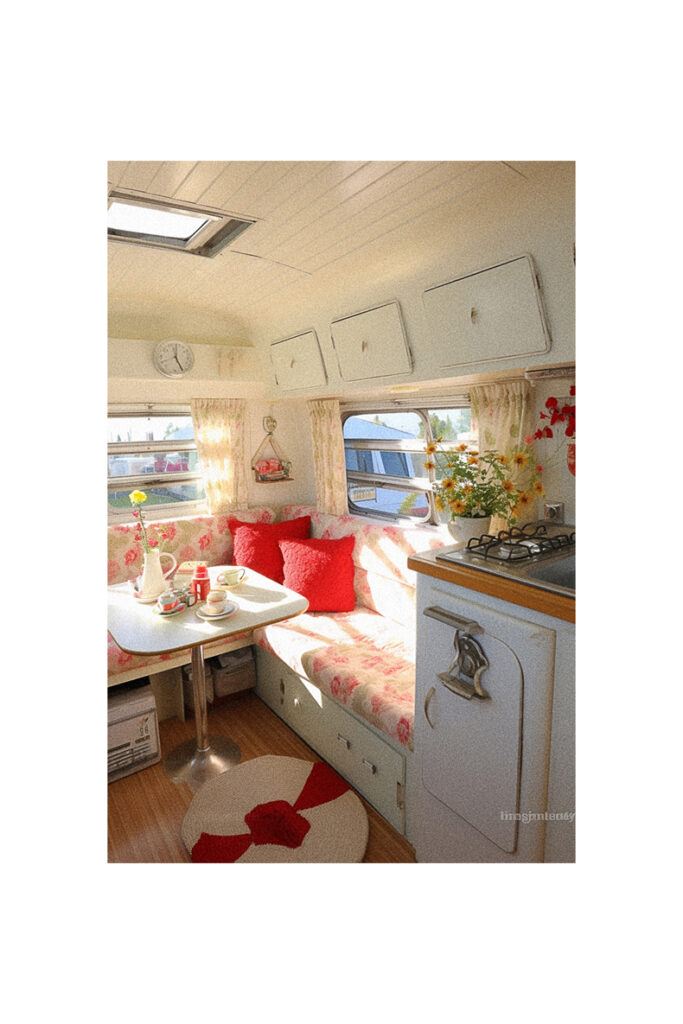 A vintage trailer with a small kitchen in a camper van.