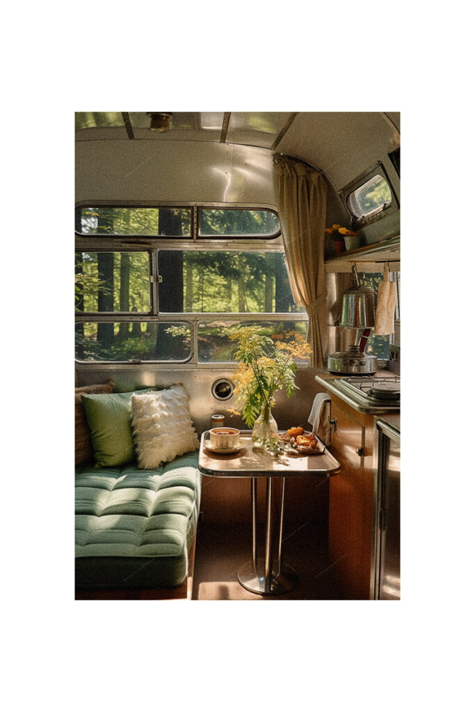 A vintage trailer remodel featuring a cozy couch and table.