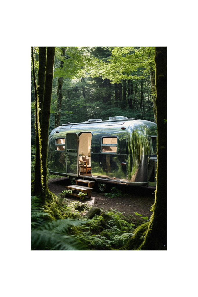 A vintage silver airstream renovated in the woods.
