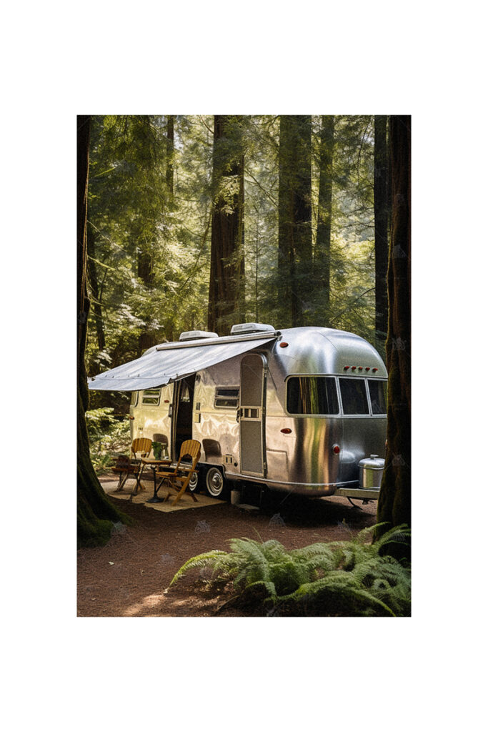 A vintage airstream remodel parked in the woods.